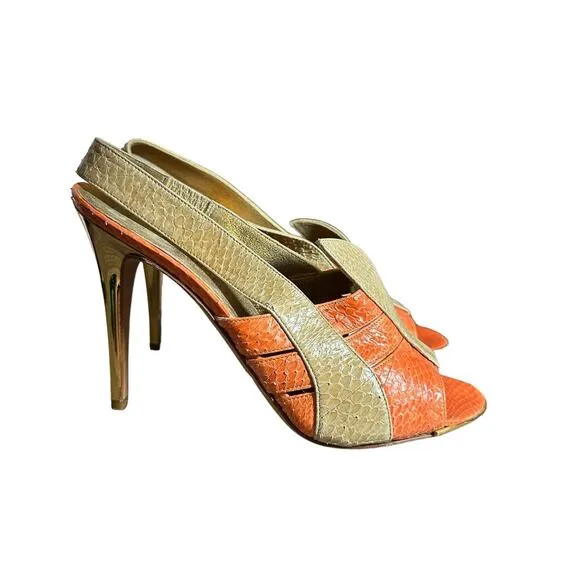 Devi kroell strappy heels in beige/tan and orange snakeskin size 37 eu 6-6.5 US