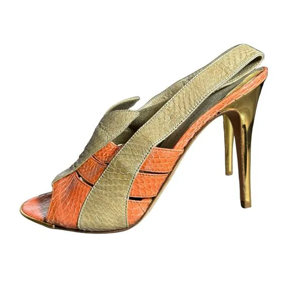 Devi kroell strappy heels in beige/tan and orange snakeskin size 37 eu 6-6.5 US