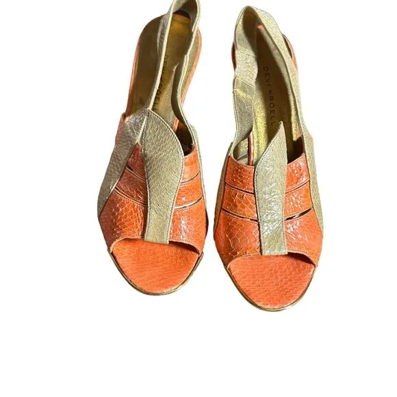 Devi kroell strappy heels in beige/tan and orange snakeskin size 37 eu 6-6.5 US
