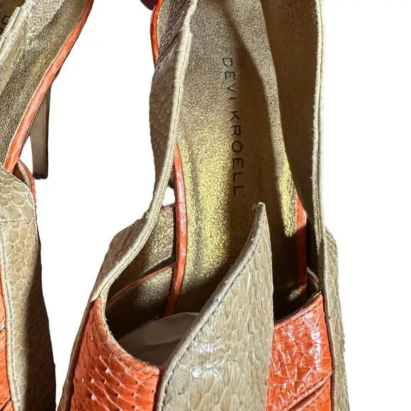 Devi kroell strappy heels in beige/tan and orange snakeskin size 37 eu 6-6.5 US