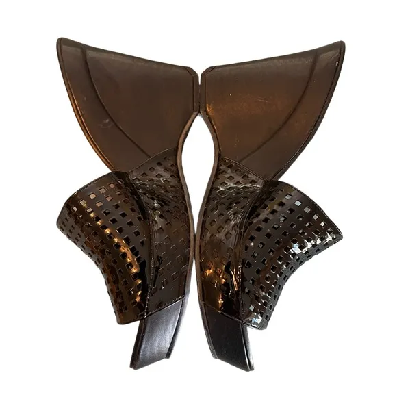 DIANE VON FURSTENBERG Perforated Wedge Sandals Black Patent Size 8.5
