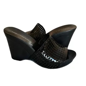 DIANE VON FURSTENBERG Perforated Wedge Sandals Black Patent Size 8.5