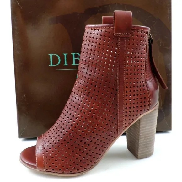 Diba True Gone Home Open Toe High Heel Booties Perforated Leather Cognac Size 8