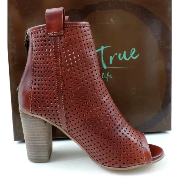 Diba True Gone Home Open Toe High Heel Booties Perforated Leather Cognac Size 8