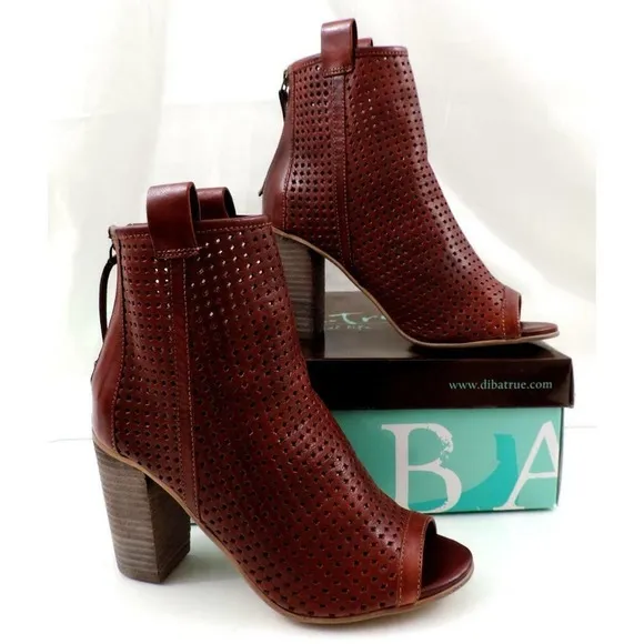 Diba True Gone Home Open Toe High Heel Booties Perforated Leather Cognac Size 8