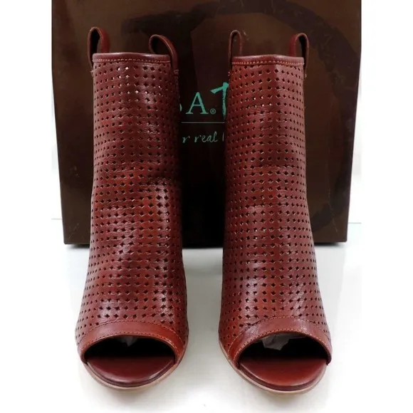 Diba True Gone Home Open Toe High Heel Booties Perforated Leather Cognac Size 8