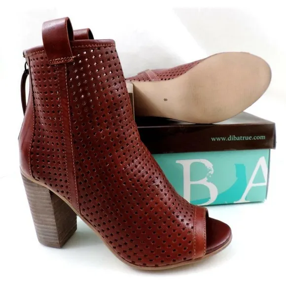Diba True Gone Home Open Toe High Heel Booties Perforated Leather Cognac Size 8