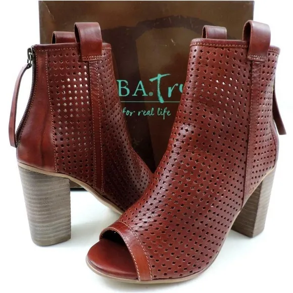 Diba True Gone Home Open Toe High Heel Booties Perforated Leather Cognac Size 8