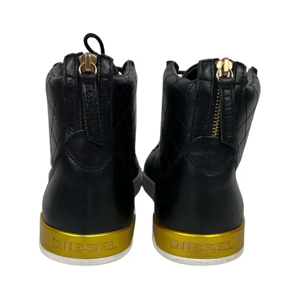 Diesel Mens Diamond Leather High Top Sneakers Shoes Sz US 9.5 EU 42.5 Black Gold
