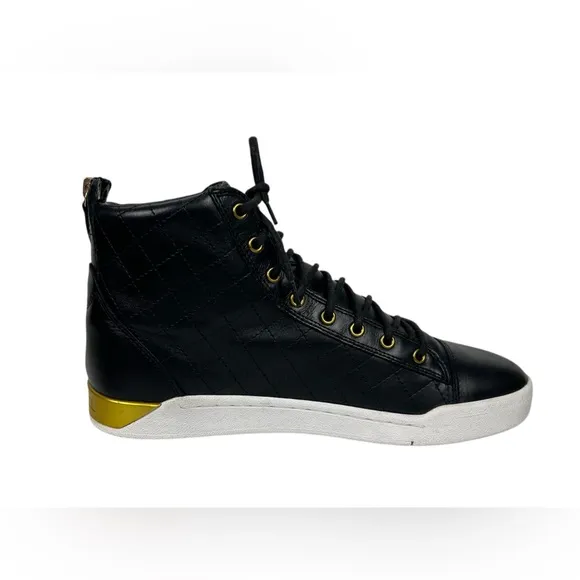 Diesel Mens Diamond Leather High Top Sneakers Shoes Sz US 9.5 EU 42.5 Black Gold