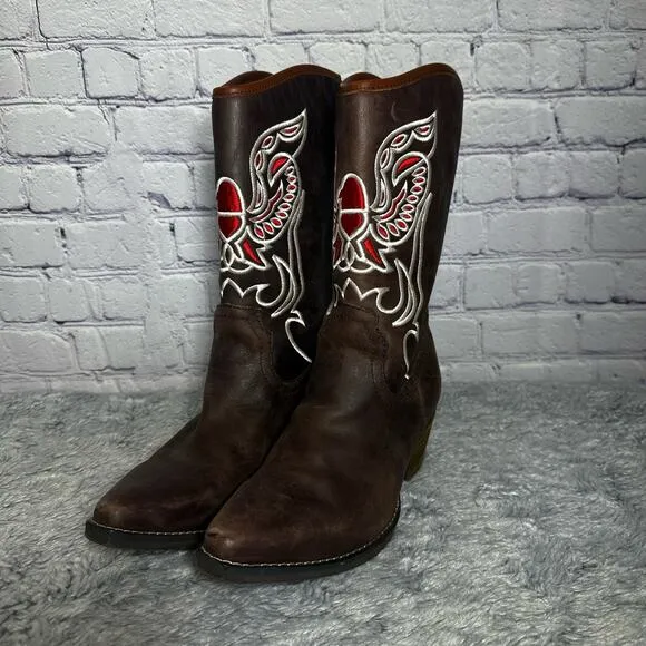 Dingo Brown Leather City Limits Boots Embroidered Eagle 7M Western Chic Country