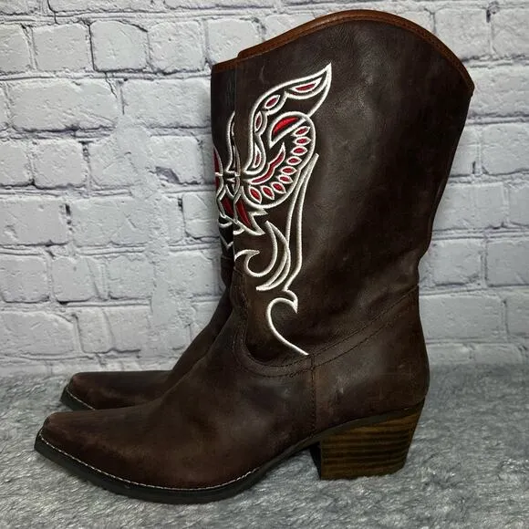 Dingo Brown Leather City Limits Boots Embroidered Eagle 7M Western Chic Country