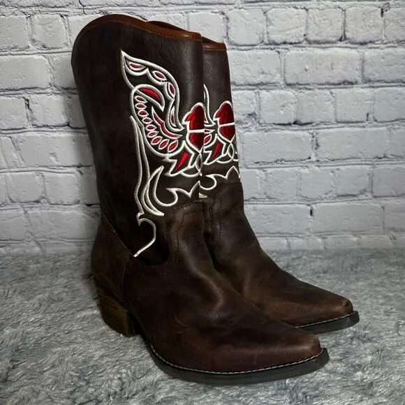 Dingo Brown Leather City Limits Boots Embroidered Eagle 7M Western Chic Country