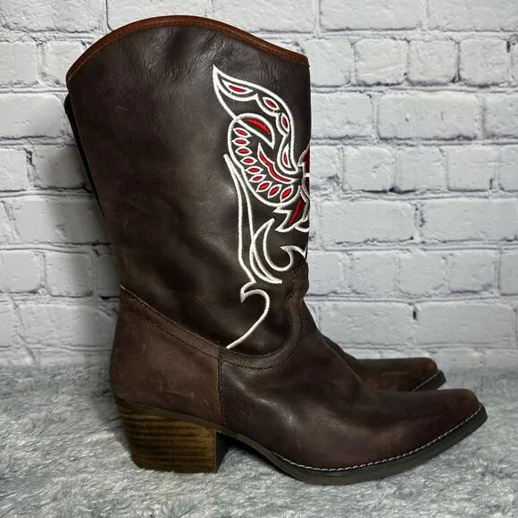 Dingo Brown Leather City Limits Boots Embroidered Eagle 7M Western Chic Country