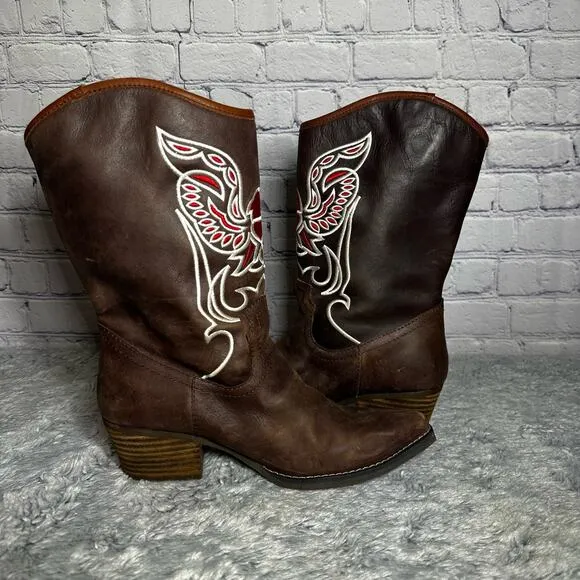 Dingo Brown Leather City Limits Boots Embroidered Eagle 7M Western Chic Country