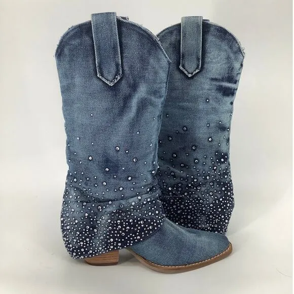 Dingo Women 8.5M Blue Eye Candy Denim Western Boot Rhinestone Embellished T4-8