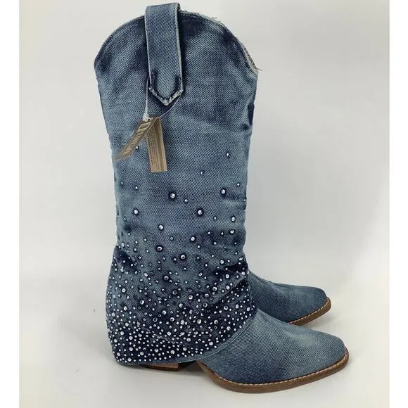 Dingo Women 8.5M Blue Eye Candy Denim Western Boot Rhinestone Embellished T4-8