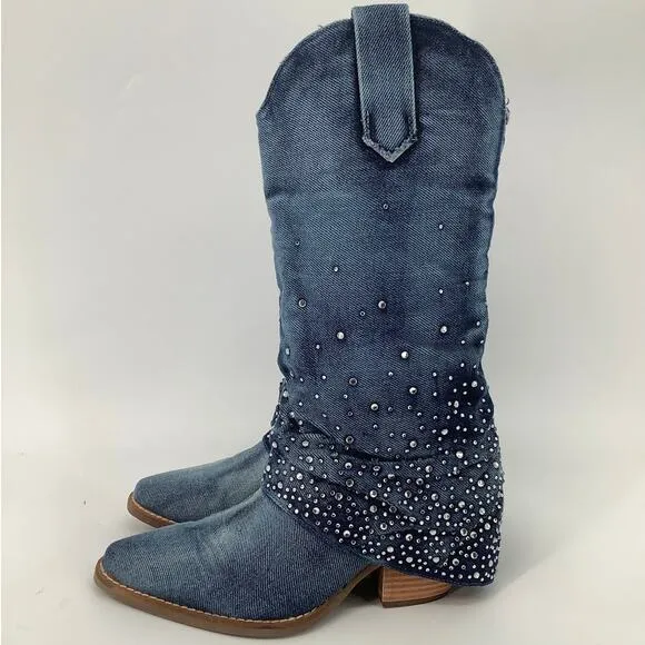 Dingo Women 8.5M Blue Eye Candy Denim Western Boot Rhinestone Embellished T4-8