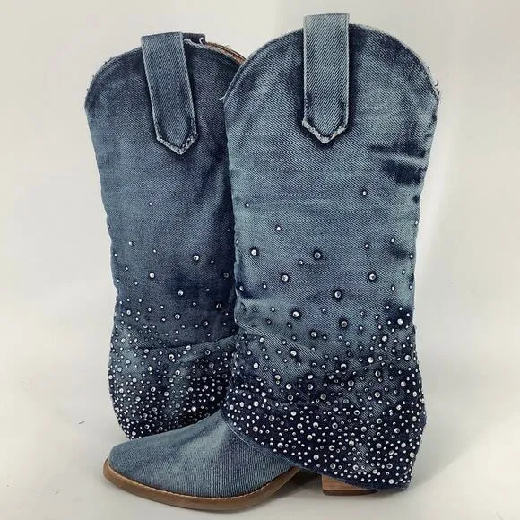 Dingo Women 8.5M Blue Eye Candy Denim Western Boot Rhinestone Embellished T4-8