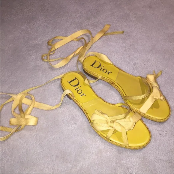 Dior Yellow Braided Tie-Up Bow Sandals