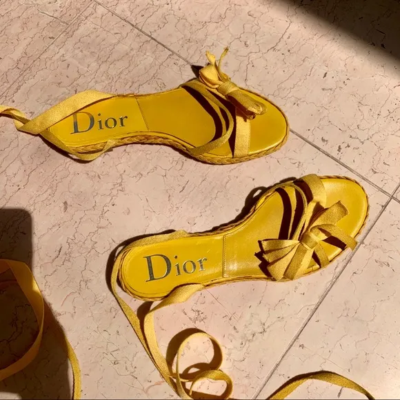 Dior Yellow Braided Tie-Up Bow Sandals