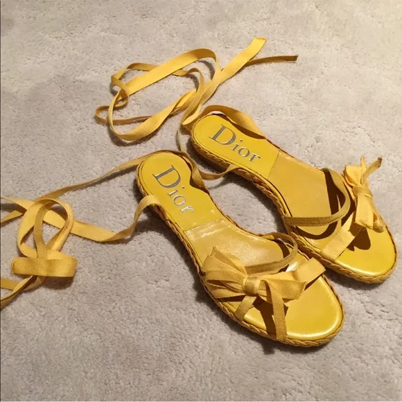Dior Yellow Braided Tie-Up Bow Sandals
