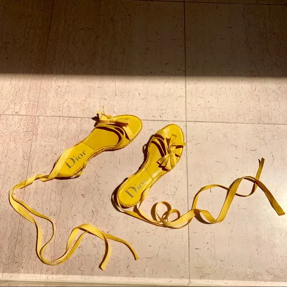 Dior Yellow Braided Tie-Up Bow Sandals
