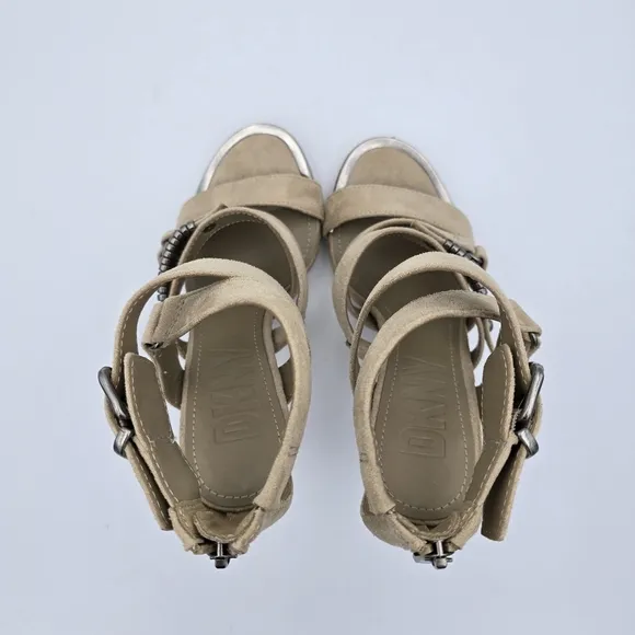 DKNY Deb Stiletto Heel Strappy Buckle Zip Moto Open Toe Sandals Taupe, Suede, 5M