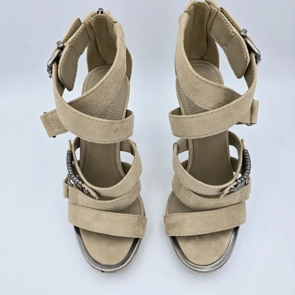 DKNY Deb Stiletto Heel Strappy Buckle Zip Moto Open Toe Sandals Taupe, Suede, 5M