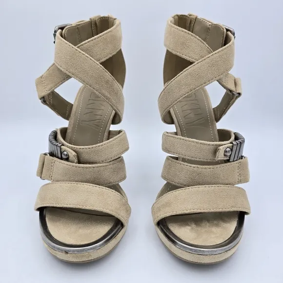 DKNY Deb Stiletto Heel Strappy Buckle Zip Moto Open Toe Sandals Taupe, Suede, 5M