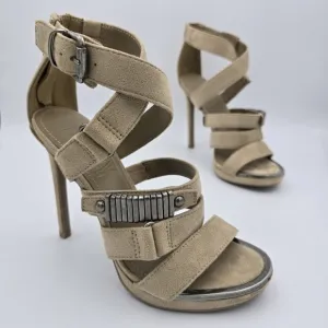 DKNY Deb Stiletto Heel Strappy Buckle Zip Moto Open Toe Sandals Taupe, Suede, 5M
