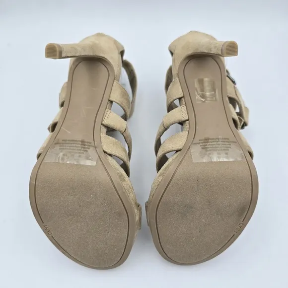 DKNY Deb Stiletto Heel Strappy Buckle Zip Moto Open Toe Sandals Taupe, Suede, 5M
