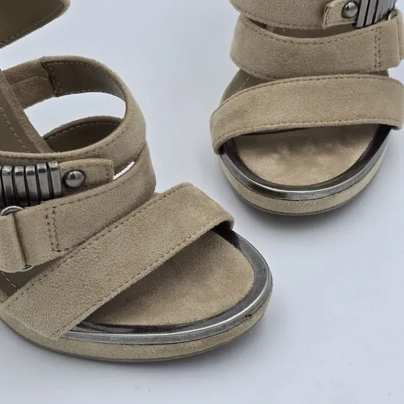 DKNY Deb Stiletto Heel Strappy Buckle Zip Moto Open Toe Sandals Taupe, Suede, 5M