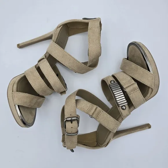 DKNY Deb Stiletto Heel Strappy Buckle Zip Moto Open Toe Sandals Taupe, Suede, 5M