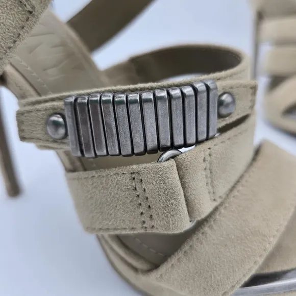 DKNY Deb Stiletto Heel Strappy Buckle Zip Moto Open Toe Sandals Taupe, Suede, 5M