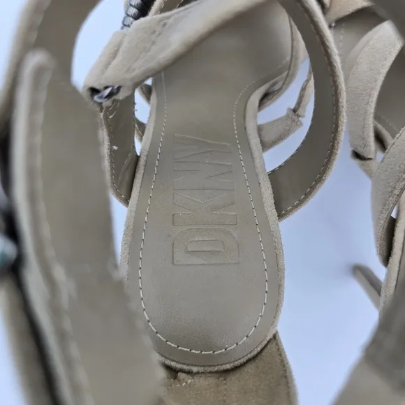 DKNY Deb Stiletto Heel Strappy Buckle Zip Moto Open Toe Sandals Taupe, Suede, 5M