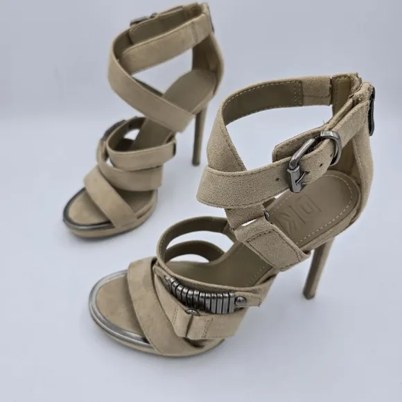 DKNY Deb Stiletto Heel Strappy Buckle Zip Moto Open Toe Sandals Taupe, Suede, 5M