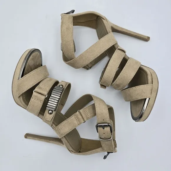 DKNY Deb Stiletto Heel Strappy Buckle Zip Moto Open Toe Sandals Taupe, Suede, 5M