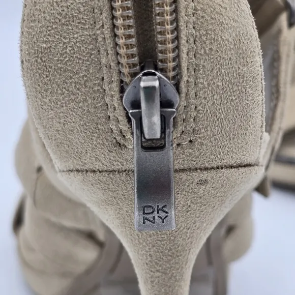DKNY Deb Stiletto Heel Strappy Buckle Zip Moto Open Toe Sandals Taupe, Suede, 5M