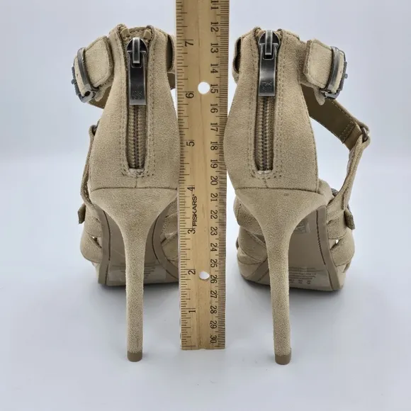 DKNY Deb Stiletto Heel Strappy Buckle Zip Moto Open Toe Sandals Taupe, Suede, 5M