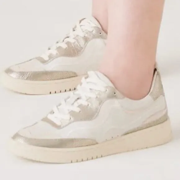 Dolce Vita Adella Sneakers Gold White Premium Leather Shoes Size 7.5 NEW IN BOX