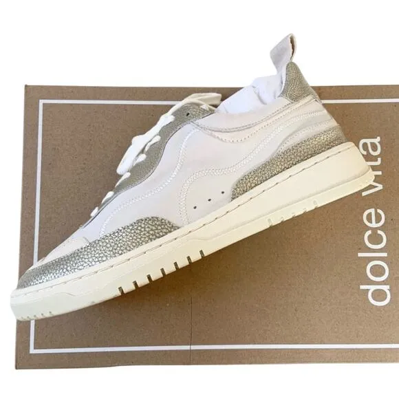 Dolce Vita Adella Sneakers Gold White Premium Leather Shoes Size 7.5 NEW IN BOX