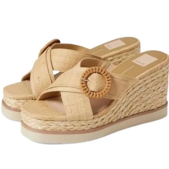 Dolce Vita Liesel Raffia Slip On Open Toe Platform Wedge Sandals In Tan