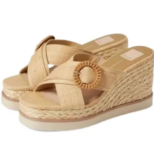 Dolce Vita Liesel Raffia Slip On Open Toe Platform Wedge Sandals In Tan