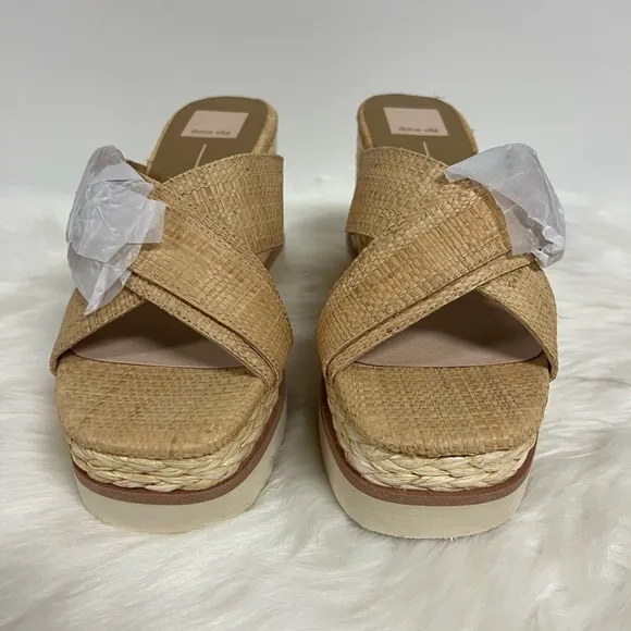 Dolce Vita Liesel Raffia Slip On Open Toe Platform Wedge Sandals In Tan