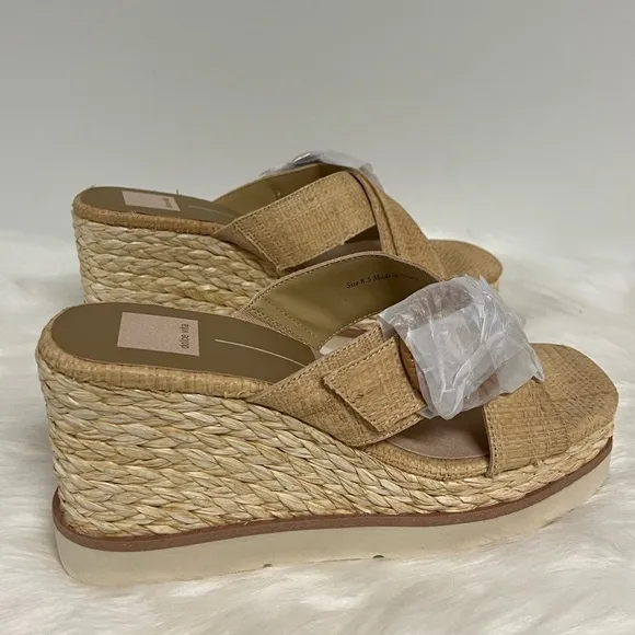 Dolce Vita Liesel Raffia Slip On Open Toe Platform Wedge Sandals In Tan