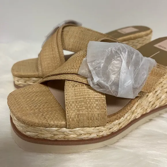 Dolce Vita Liesel Raffia Slip On Open Toe Platform Wedge Sandals In Tan