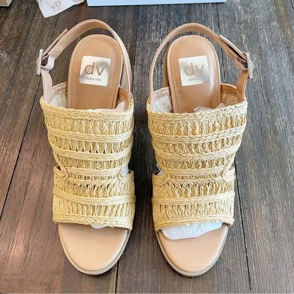 Dolce Vita Rian Natural Woven Rattan Jute Straw Slingback Block Heel Sandals 9