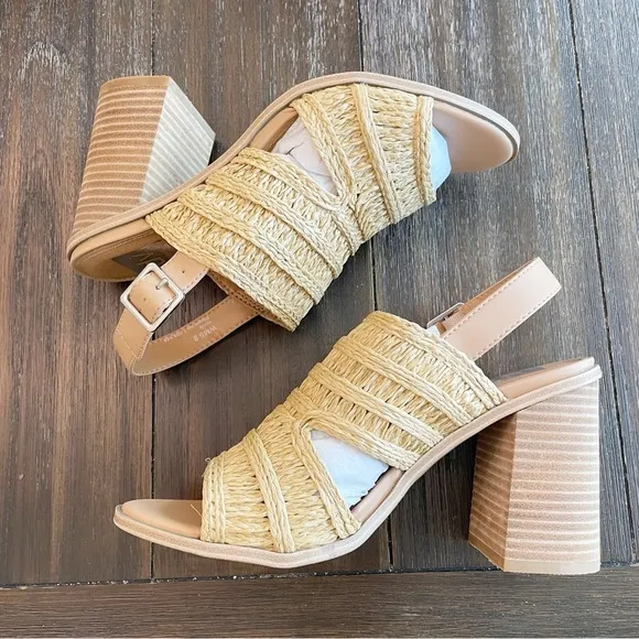Dolce Vita Rian Natural Woven Rattan Jute Straw Slingback Block Heel Sandals 9