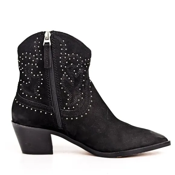 Dolce Vita Women Solow Black Suede Cowgirl Leather Studded Ankle Boots Size 8